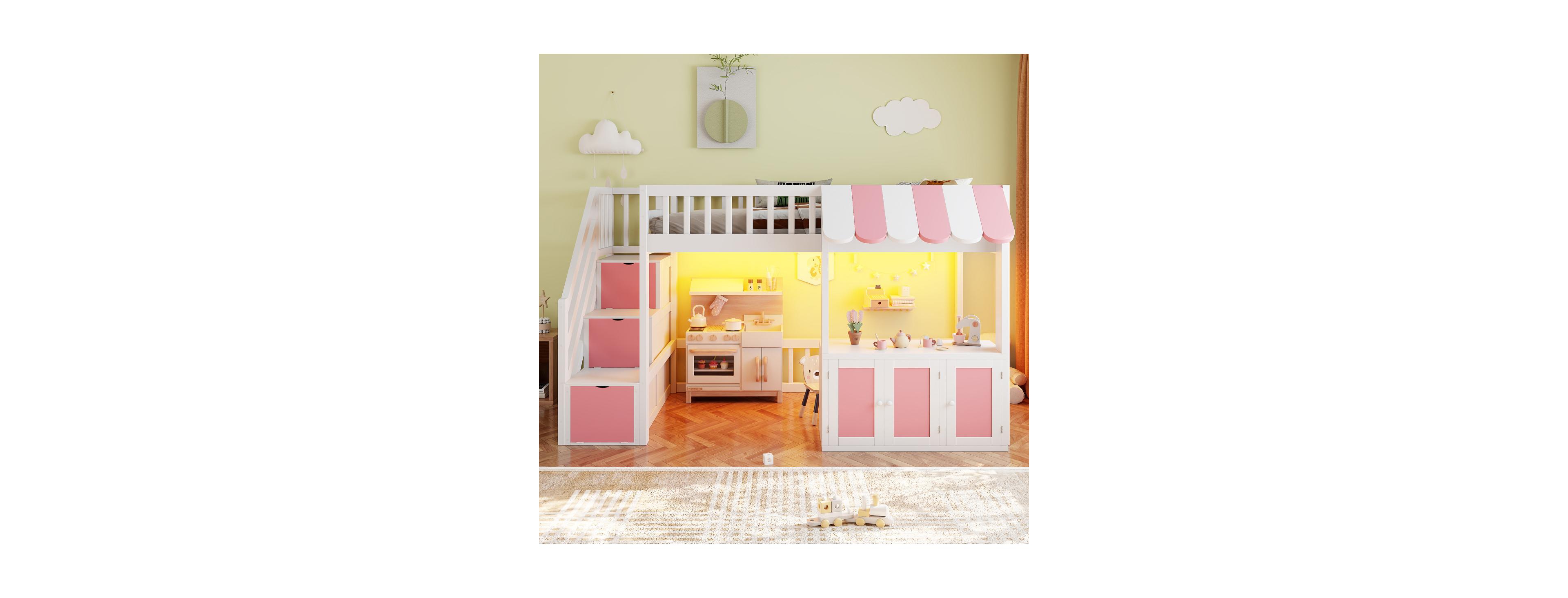 Streamdale Furniture Twin Loft Bed with Storage Steps, Led, Cabinets and Playhouse