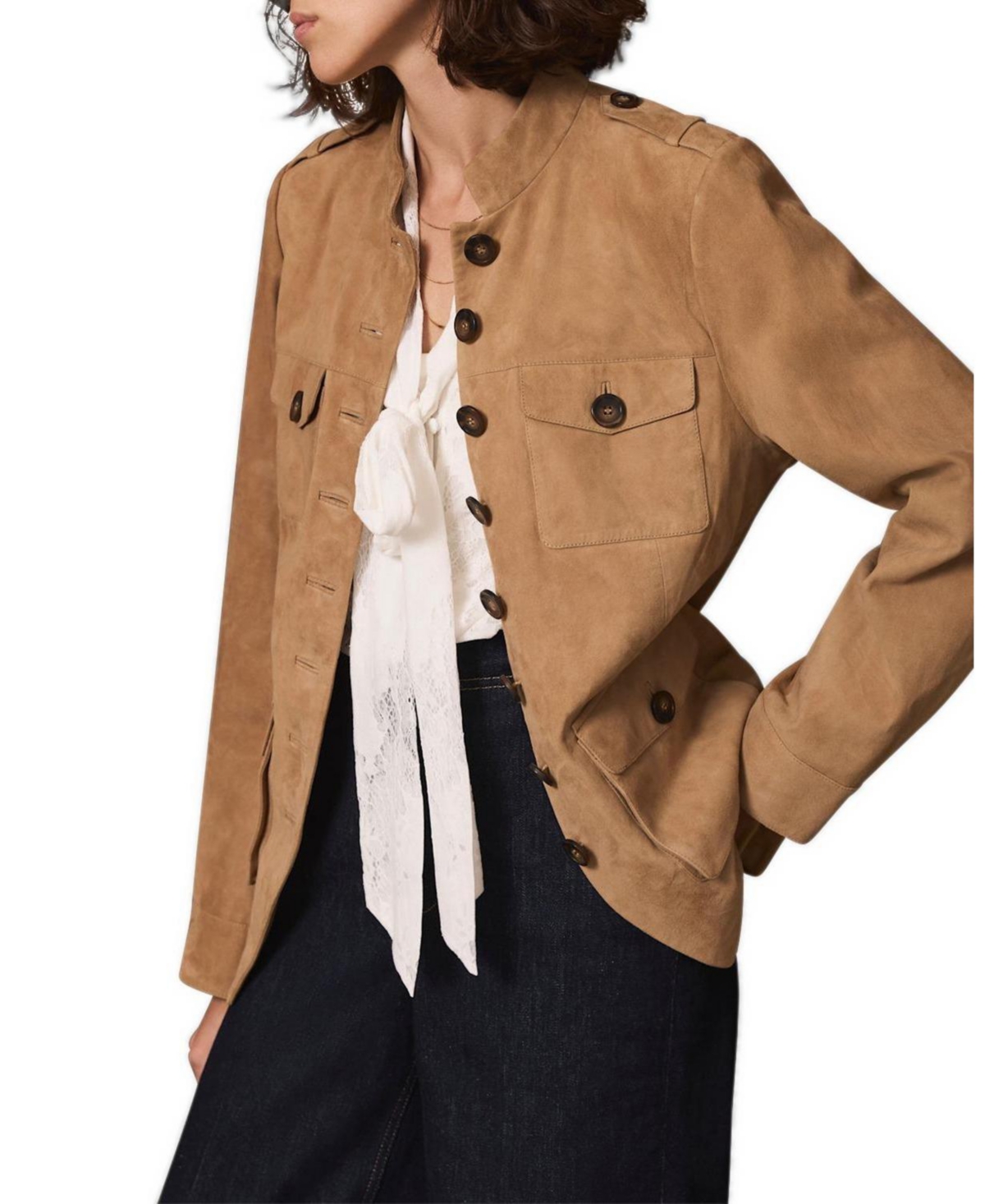 Mint Velvet Women's Military High-Collar Epaulettes Suede Jacket
