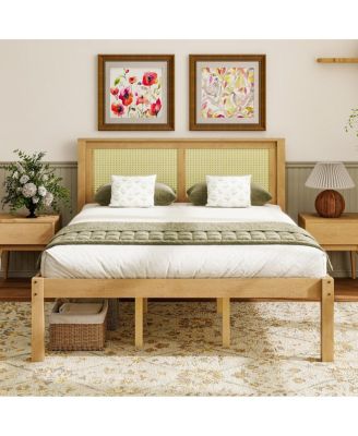 Queen Solid Wood Platform Bed with Rattan Headboard