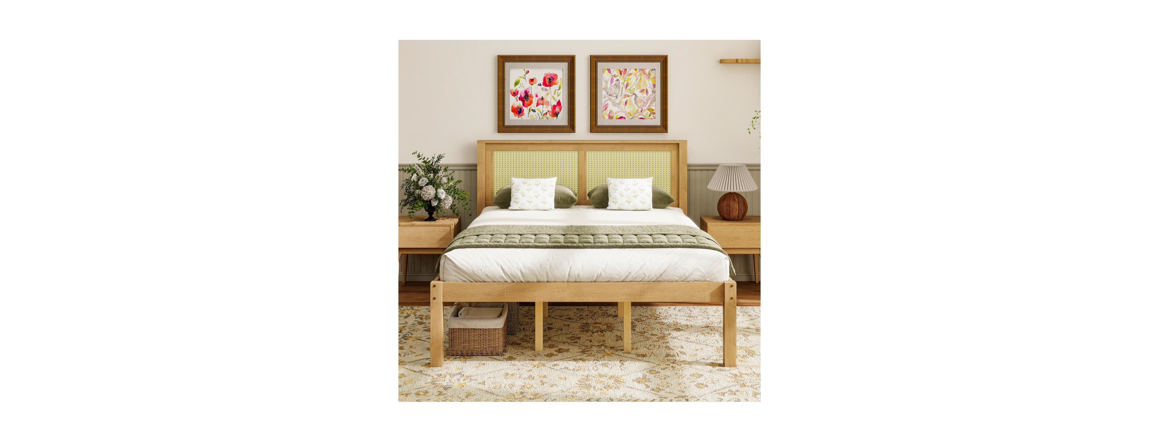 Streamdale Furniture Queen Solid Wood Platform Bed with Rattan Headboard