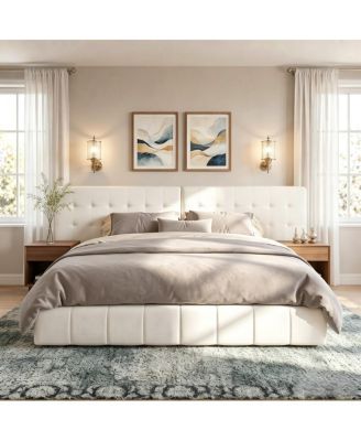 King Size Upholstered Bed Frame,With Fabric And Wide Tufted Headboard