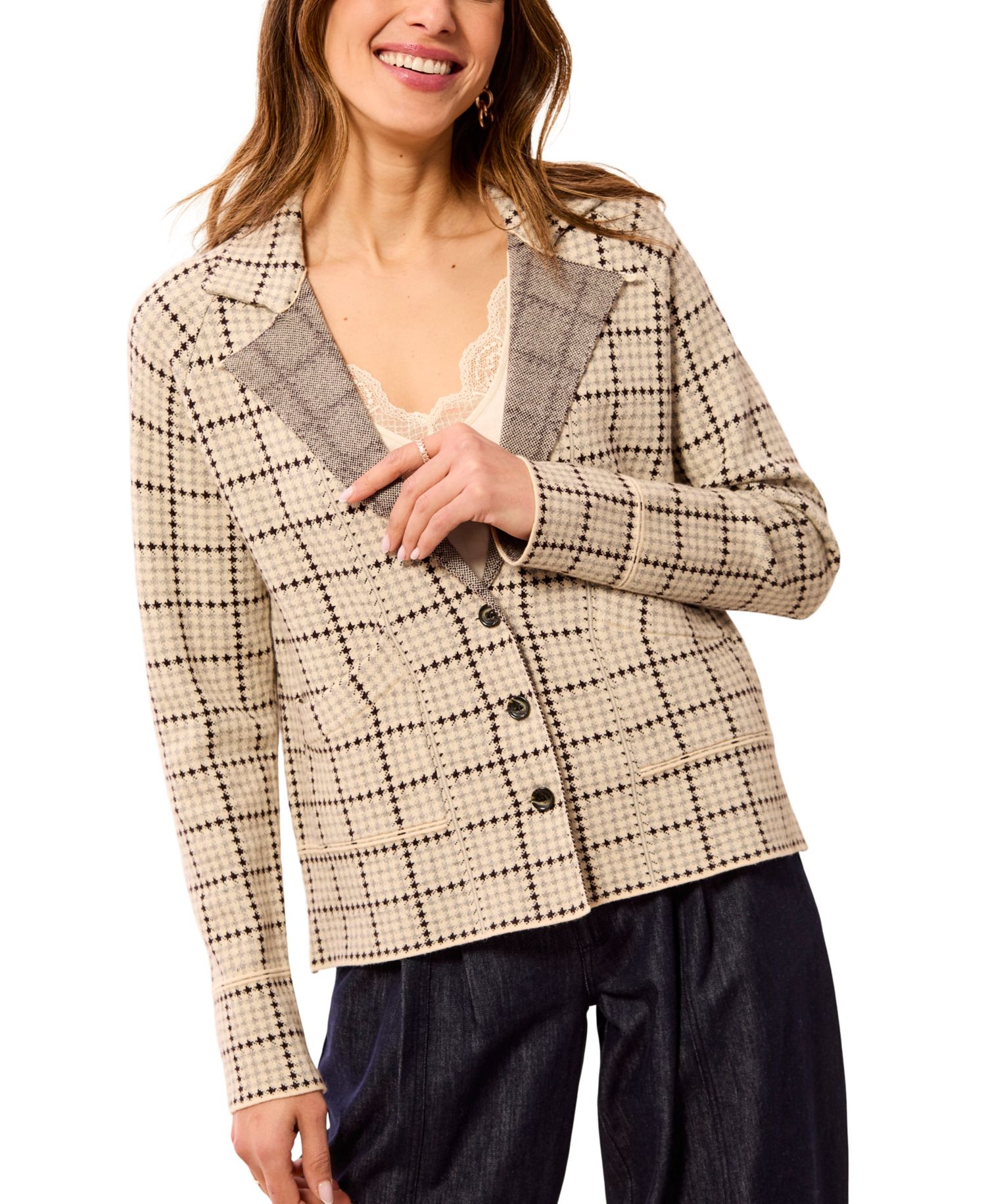 Women's Knit Plaid Lightweight Blazer