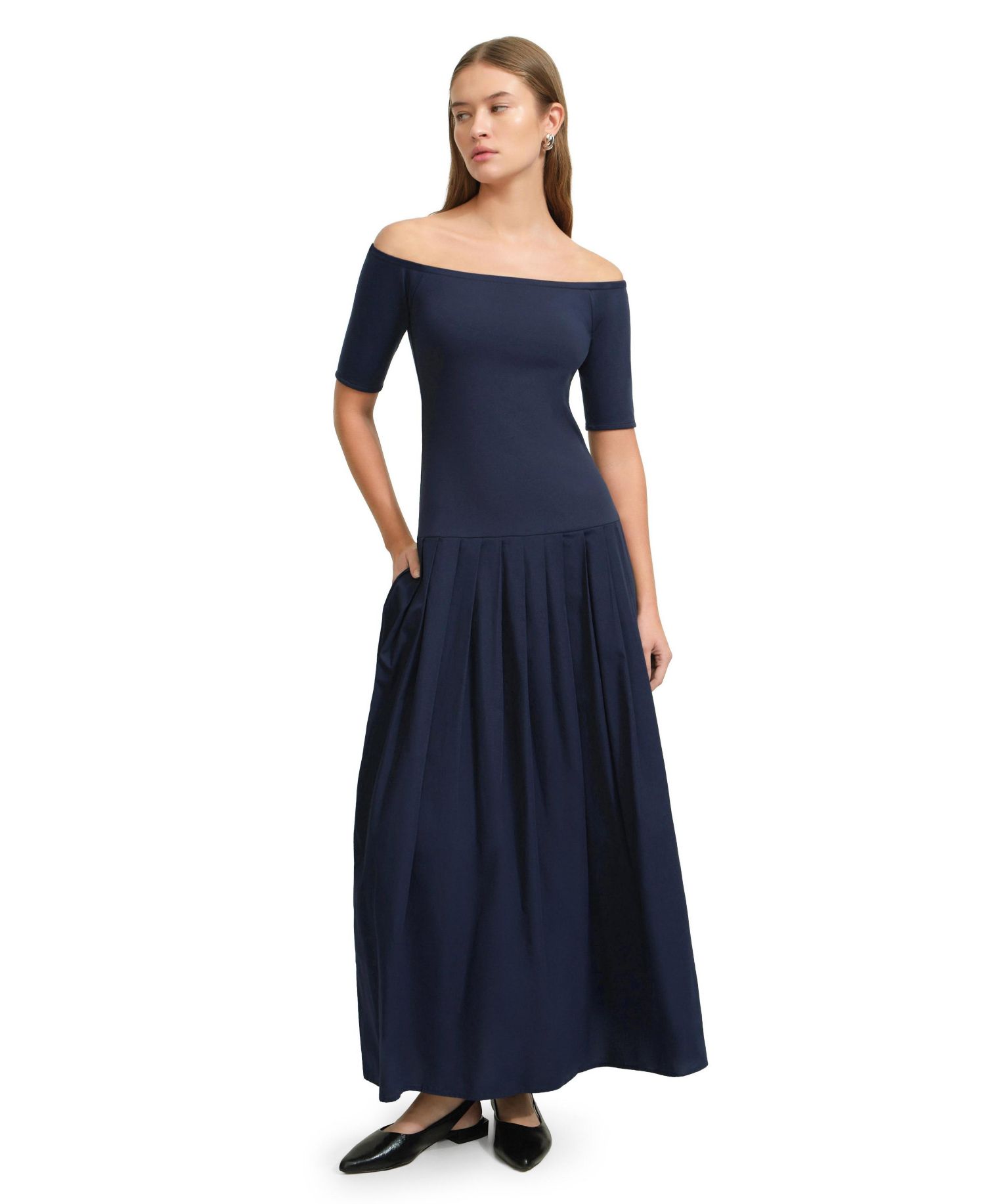Women's Mila Off-Shoulder Dropped-Waist Pleated Cotton Dress with Pockets