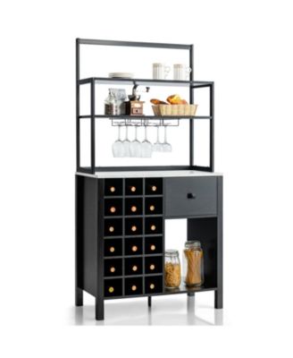 Kitchen Bakers Rack Freestanding Wine Rack Table with Glass Holder and Drawer