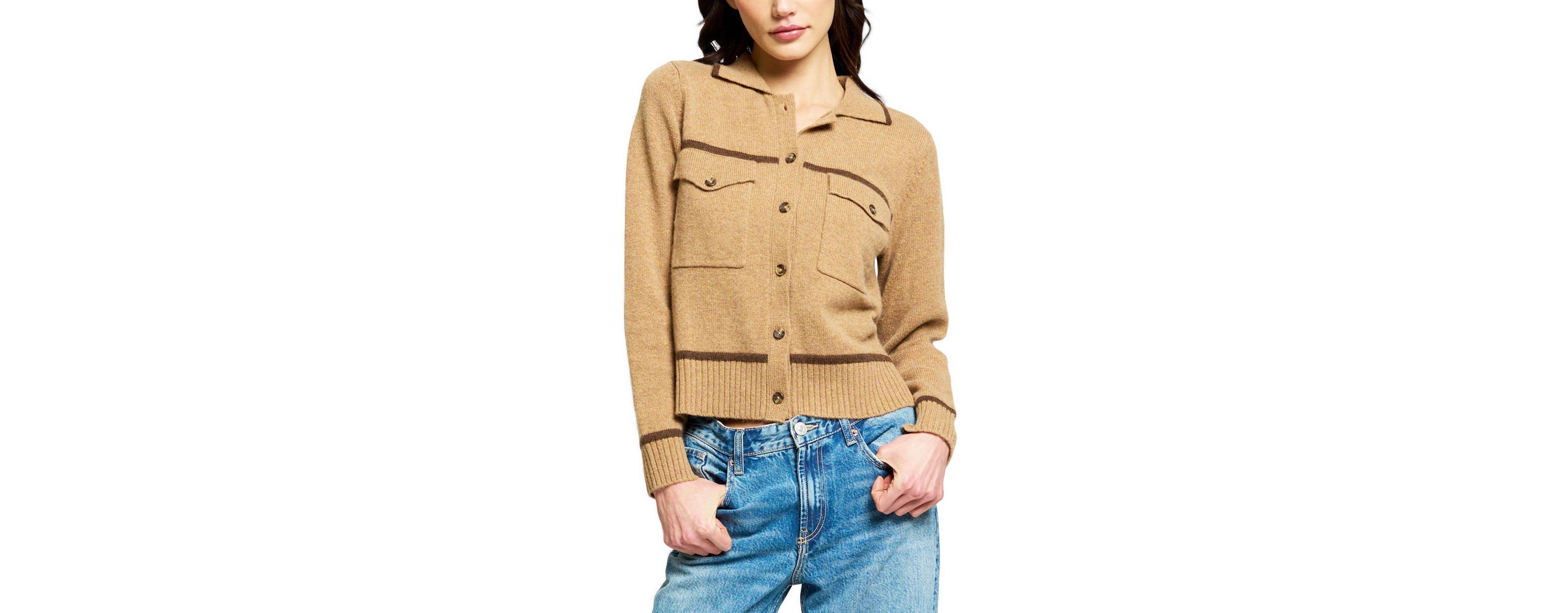 Central Park West Women's Thea Collared Long-Sleeve Striped Cashmere Cardigan