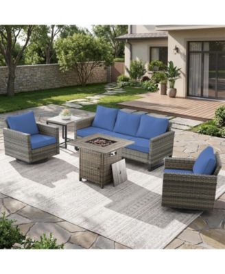 5 Piece Wicker Outdoor Furniture Set with Olefin Cushions, Patio Furniture Set with Swivel Rocking Chairs and Fire Pit Table
