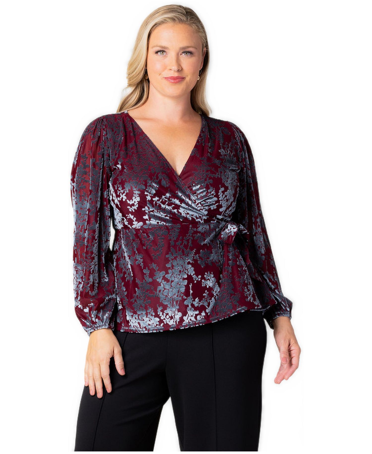 Plus Size Loretta Long-Sleeve Floral Peplum Wrap Top