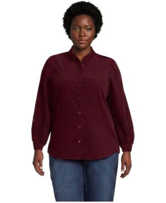 Plus Size Pinwale Corduroy Eyelet Sleeves Shirt