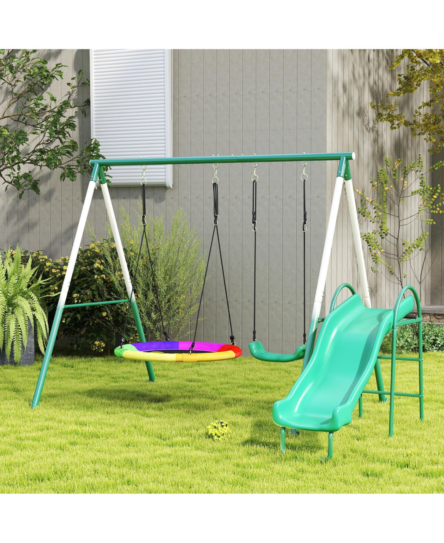 Детские игрушки Glintex Metal Heavy-Duty A-Frame Swing Set with Slide and Saucer Swing, Adjustable Ropes, For 3 Children, Ages 3+, цвет: Тёмный зелёный — фото 11