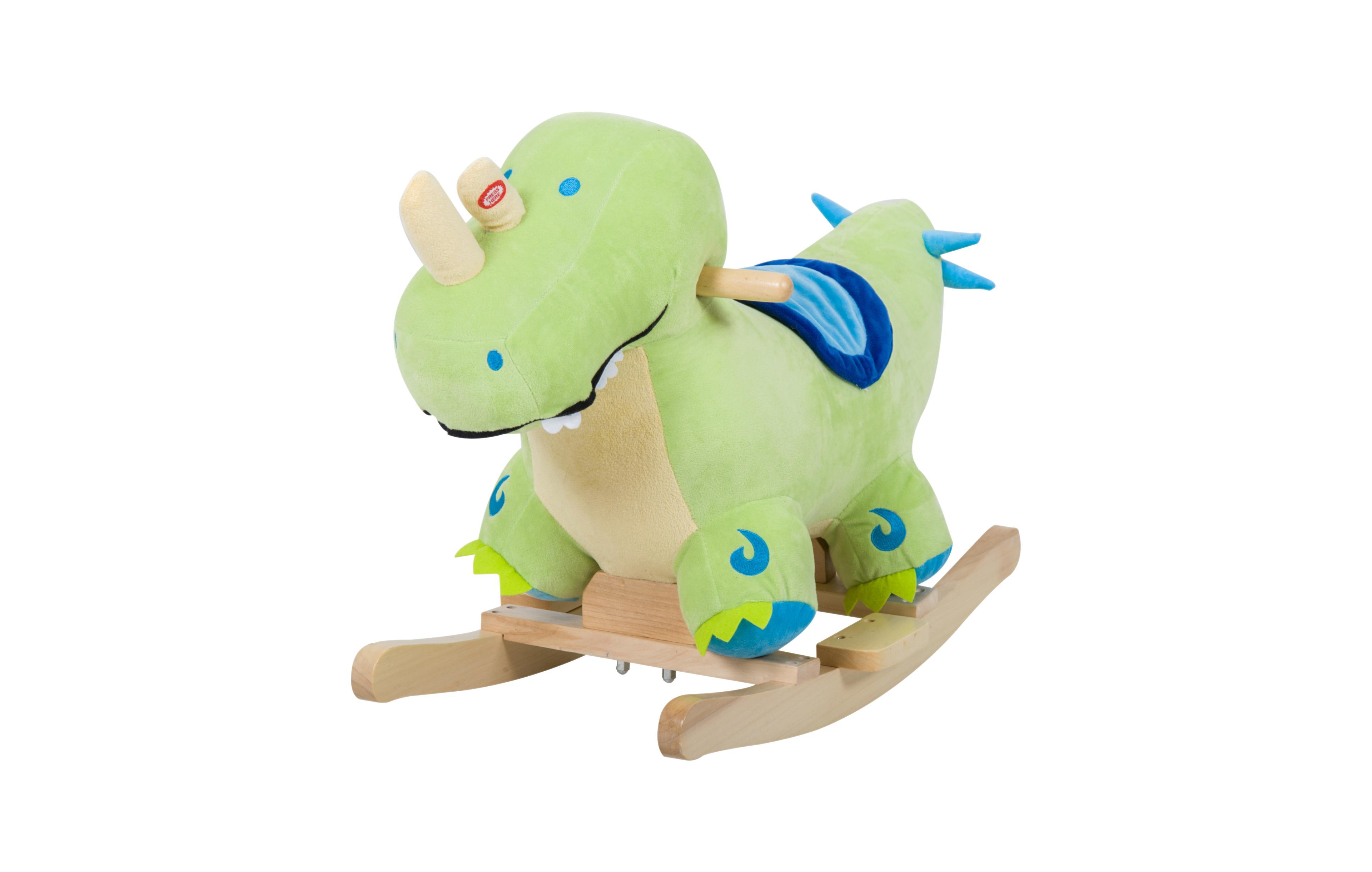 Glintex Plush Ride-On Rocking Dinosaur with Realistic Sounds, 17.75" H, Wooden Base, Rocker, Holds 66 lbs, Ages 18 Months+