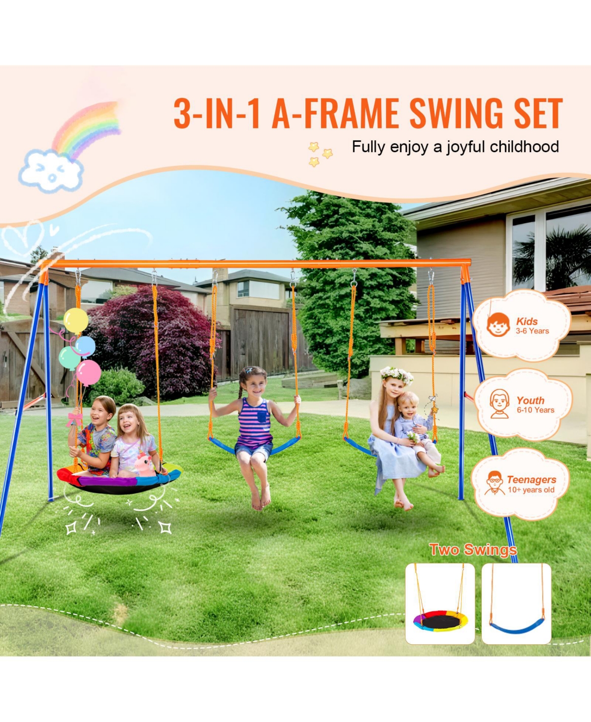 Glintex Backyard 32" Steel Pipe A-Frame Swing Set with Adjustable Ropes, 600 lb Capacity, Ages 3+
