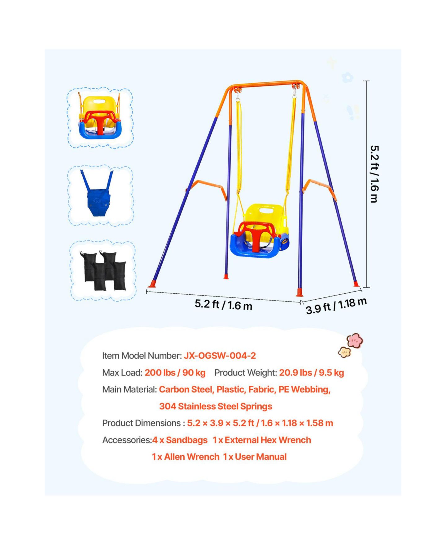 Детские игрушки Glintex Toddler 2-in-1 Swing and Jumper with 3-in-1 Convertible Seat, Foldable A-Frame, 200 lb Capacity, Ages 3+, цвет: Синий — фото 10