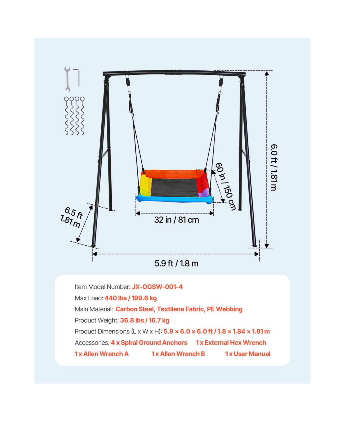 Детская игрушка Glintex Backyard A-Frame Swing Stand, 60 x 32 in Saucer Seat, Carbon Steel, 440 lb Load Capacity, Ages 3+, цвет: Чёрный — фото 10