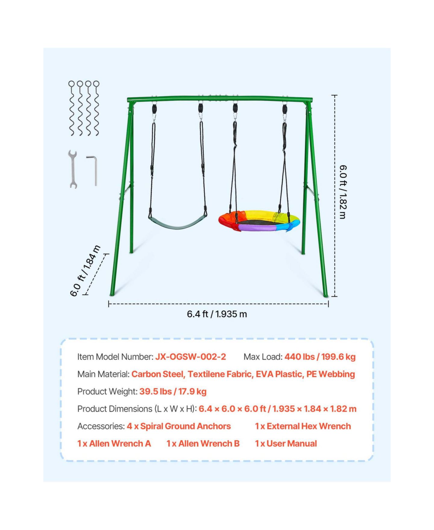 Детские игрушки Glintex Backyard A-Frame Swing Stand, 32 in Saucer and Belt Seat, 440 lb Capacity, Ages 3-12, цвет: Зелёный — фото 9