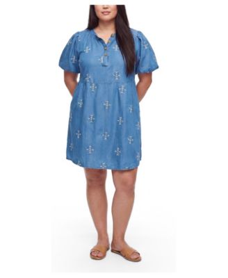 Plus Size Belle Isle Puff-Sleeve Embroidered Chambray Mini Dress