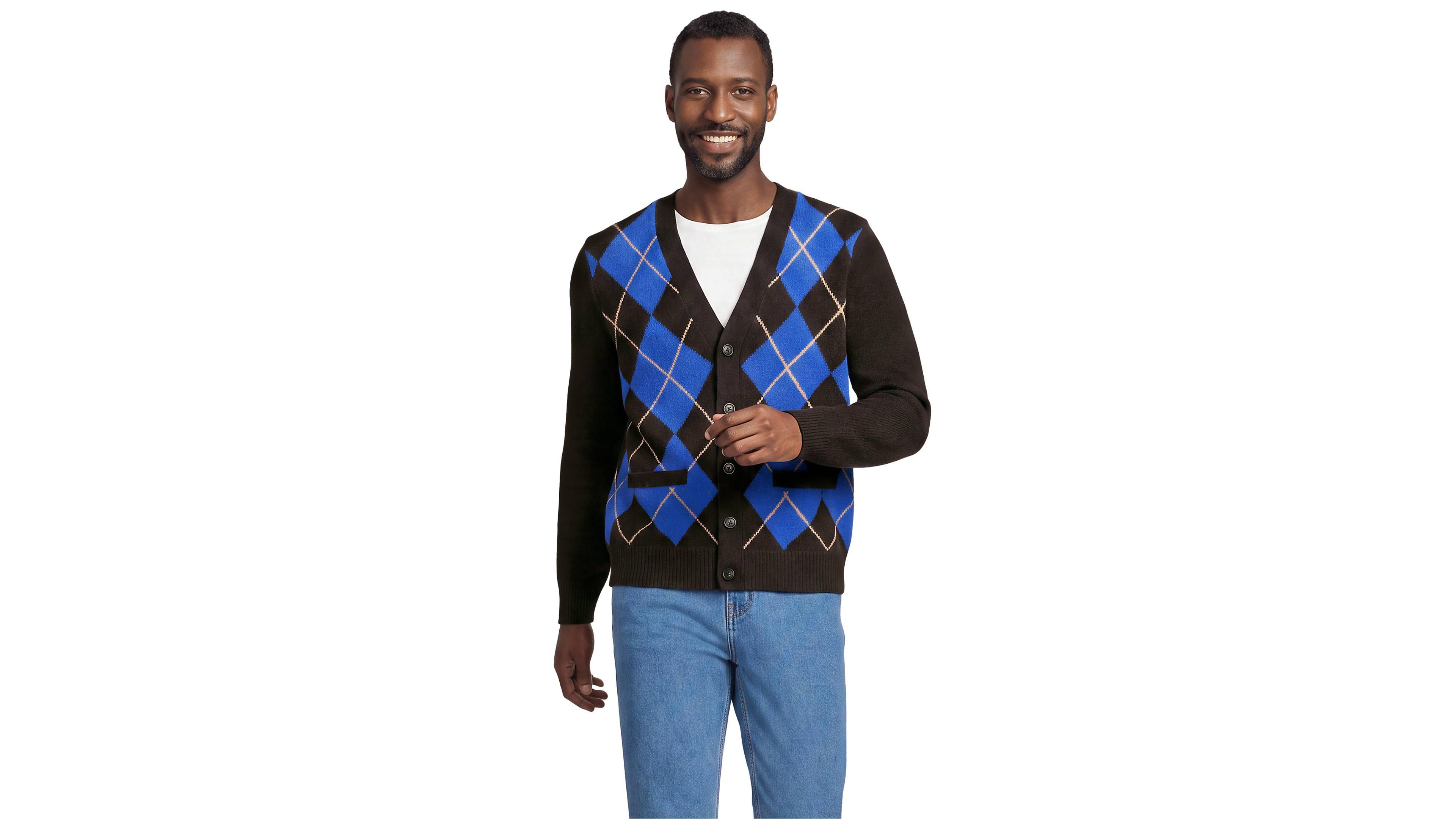 Lands' End Men's Long Sleeve Fuzzy Argyle Cardigan Sweater