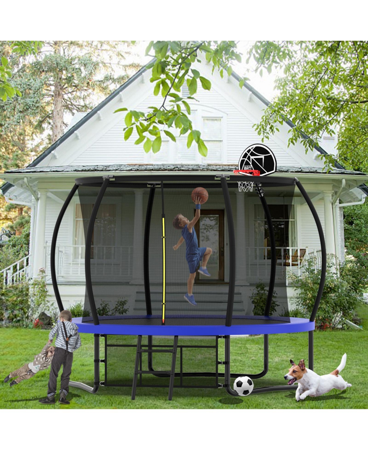 Zeny Pumpkin Trampoline, Outdoor Trampoline with Basketball Hoop, Enclosure Net and Ladder