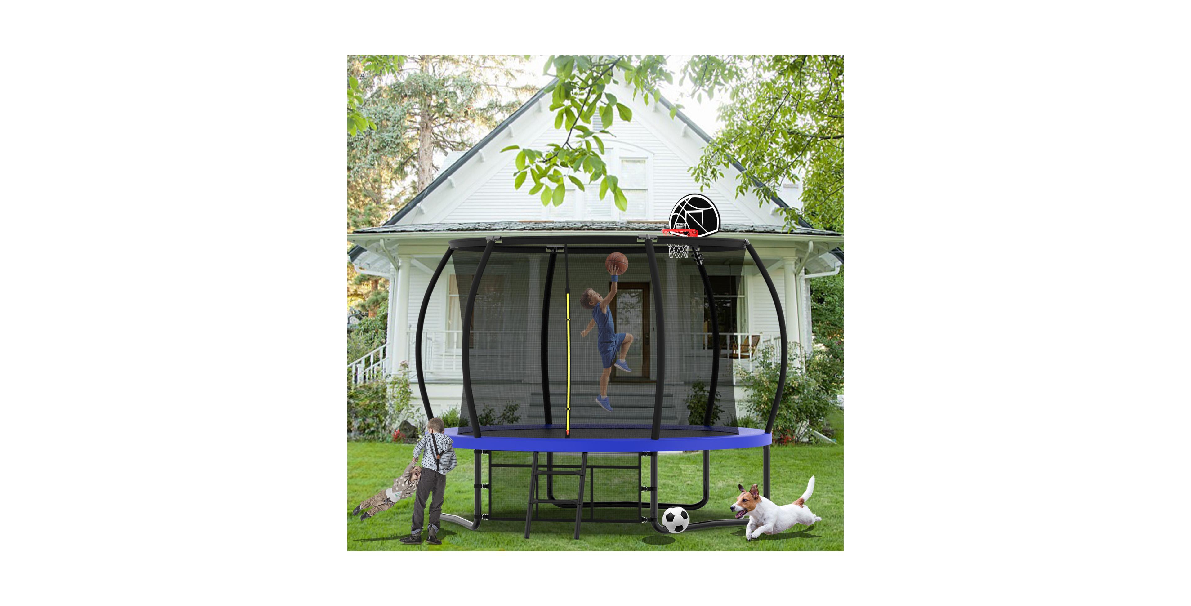 Zeny Pumpkin Trampoline, Outdoor Trampoline with Basketball Hoop, Enclosure Net and Ladder