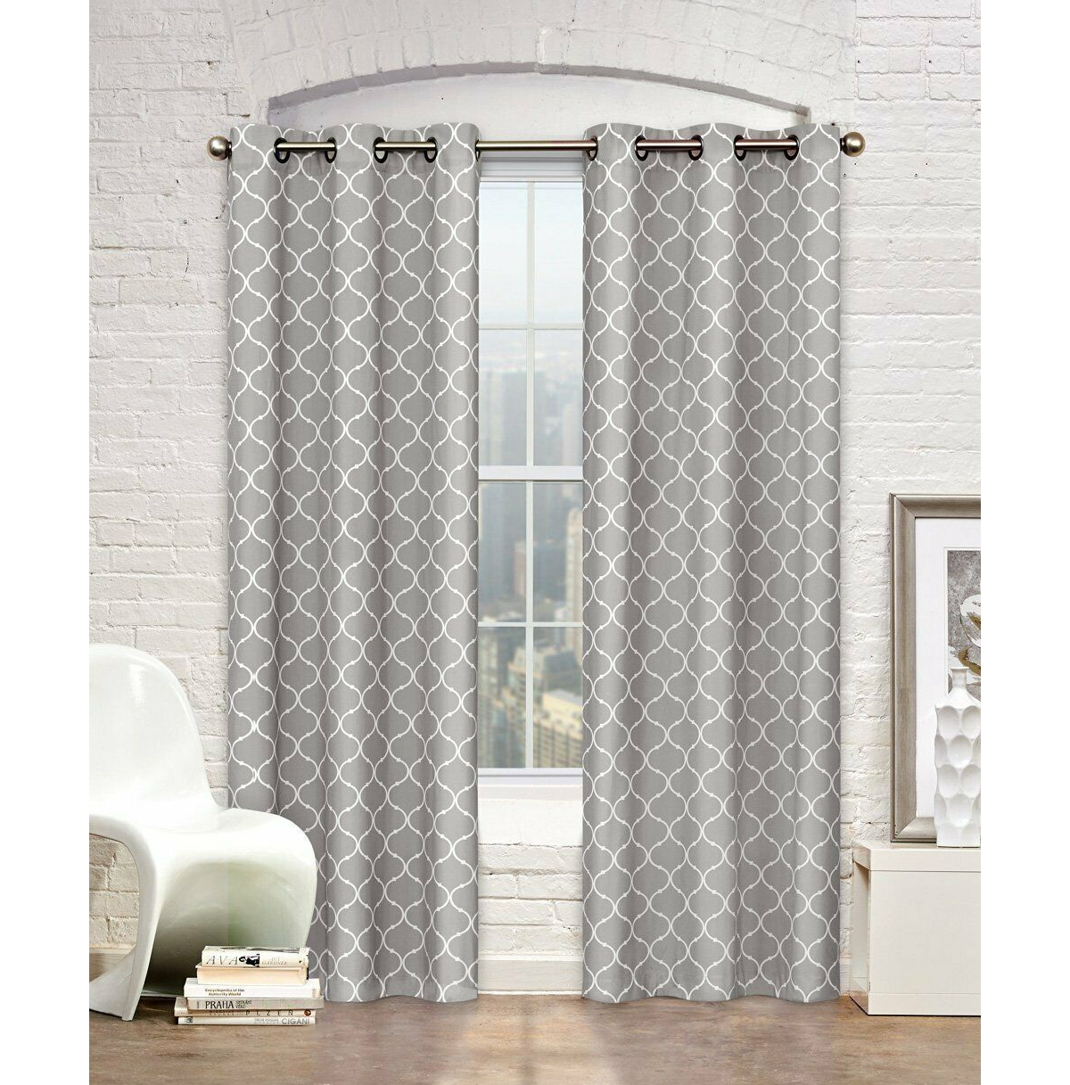 Kate Aurora Gray & White Lattice Clover Ultra Luxurious Window Curtains