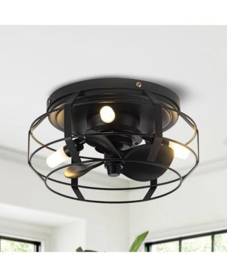 12" Satin Nickel Industrial Caged Flush Mount Ceiling Fan with Remote Control and 3 Silver ABS Blades