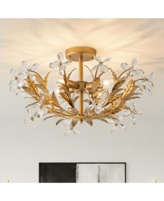 24" Distressed 4-Light Crystal Flower Bowl Semi Flush Mount Ceiling Light