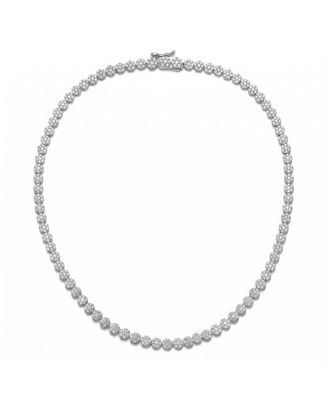 Sterling Silver with White Gold Plated Clear Round Cubic Zirconia Flower Design Tennis Necklace