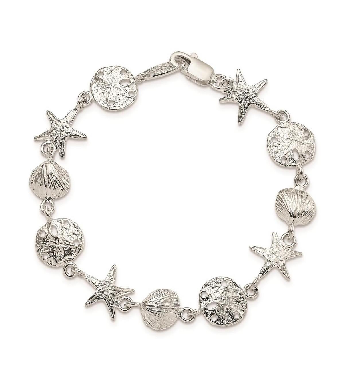 Curata Jewelry Solid Sterling Silver Seashells, Starfish & Sand Dollar Bracelet