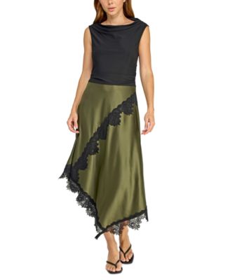 Juniors' Cowl Neck Assymetric Lace Trim Satin Skirt Midi Dress
