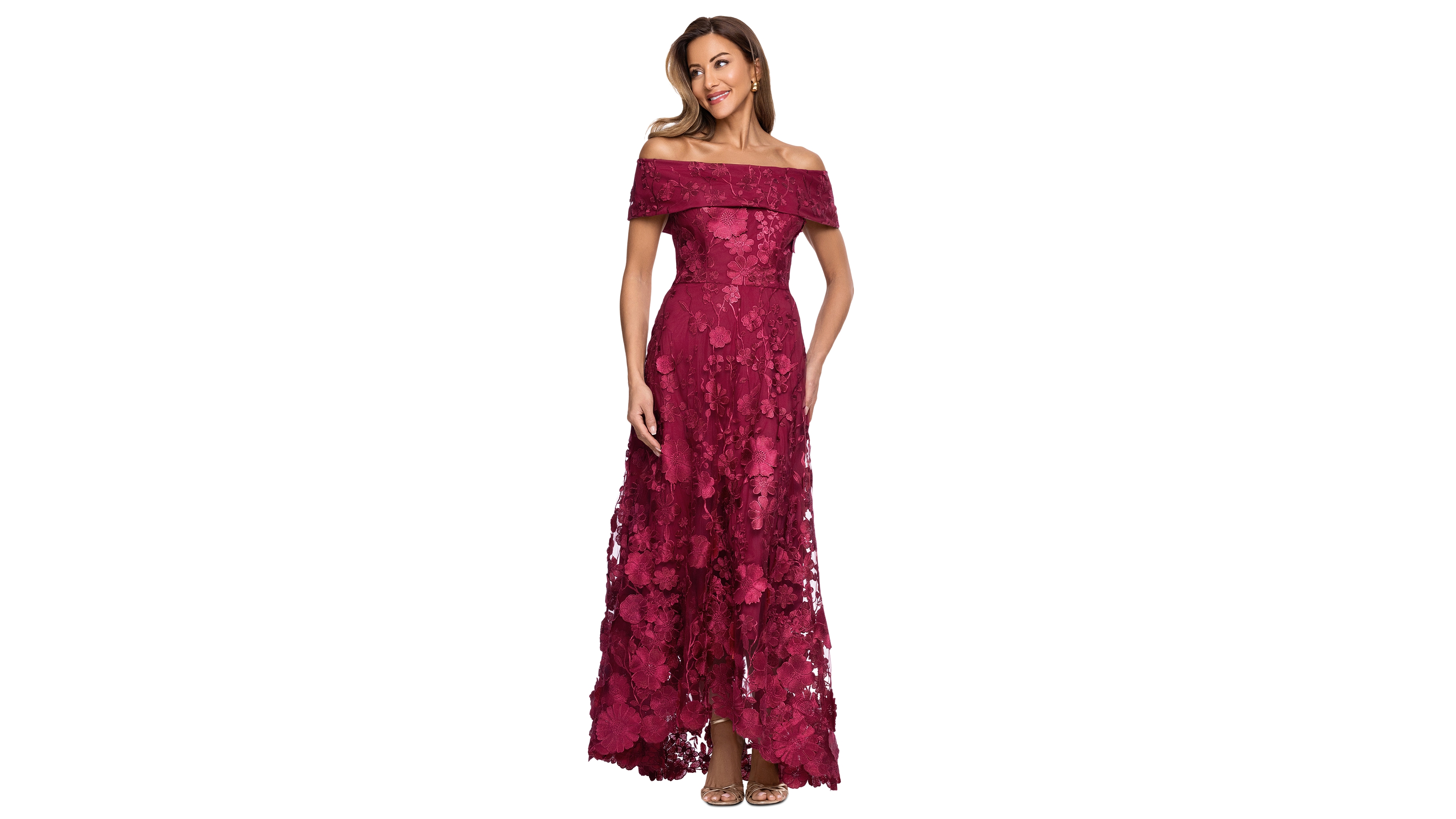 Xscape Women's Off-The-Shoulder Embroidered Floral Ball Gown