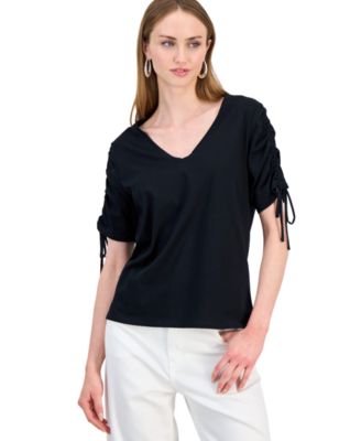 Women's Ruched-Sleeve V-Neck Cotton T-Shirt