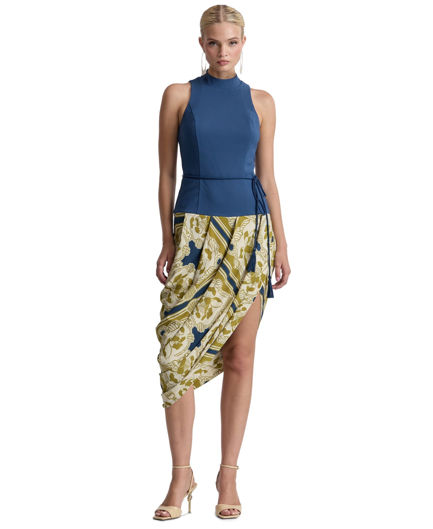 Women's Sleeveless Belted Mock-Neck Asymmetric Drape Midi Dress