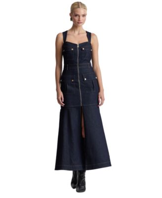 Women's Stretch Denim Cargo Zip-Front Midi Dress