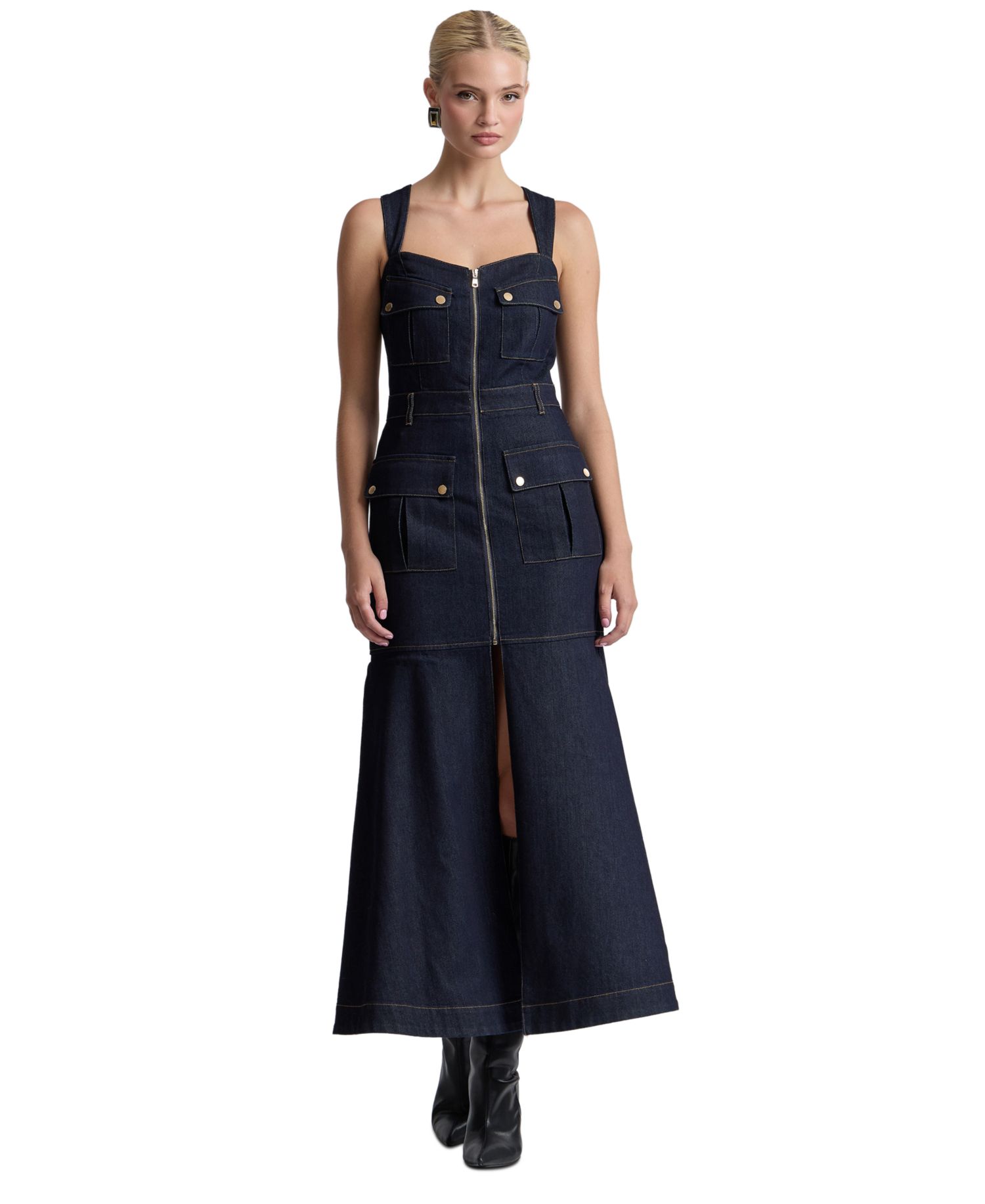 Women's Stretch Denim Cargo Zip-Front Midi Dress