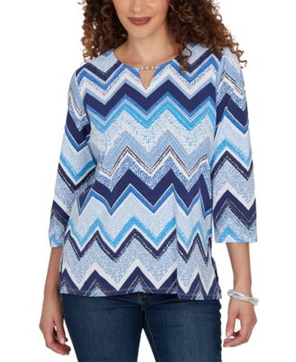 Petite Chevron Blues Split Neck Top