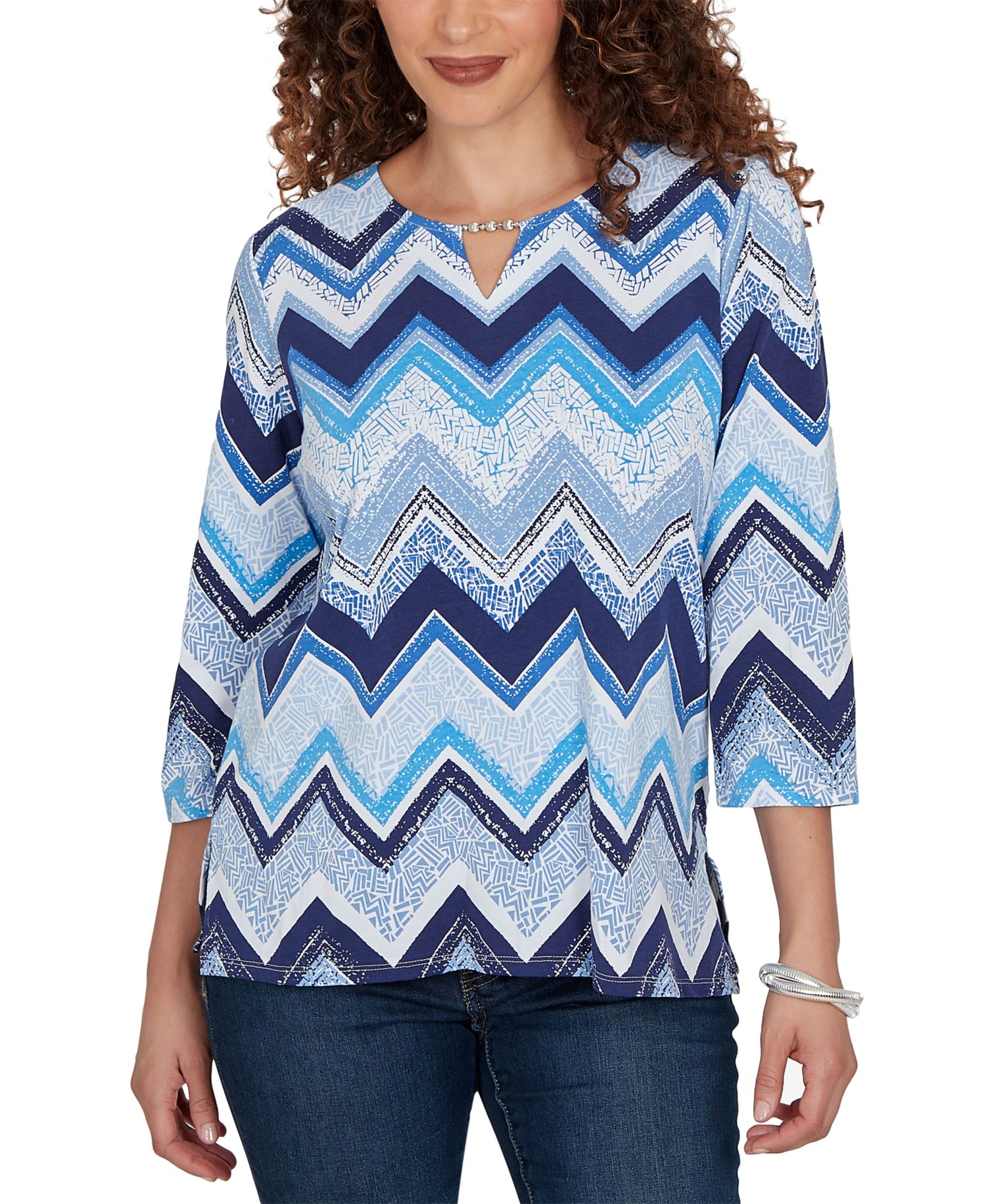 Petite Chevron Blues Split Neck Top