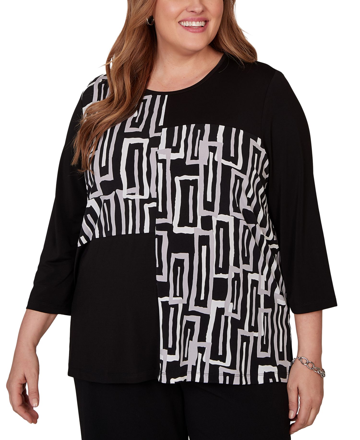 Plus Size Spliced Geometric Puff Print Top