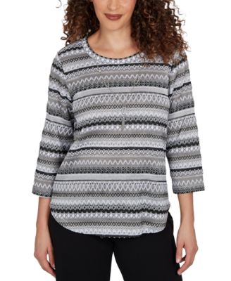 Petite Textured-Stripe 3/4-Sleeve Crewneck T-Shirt