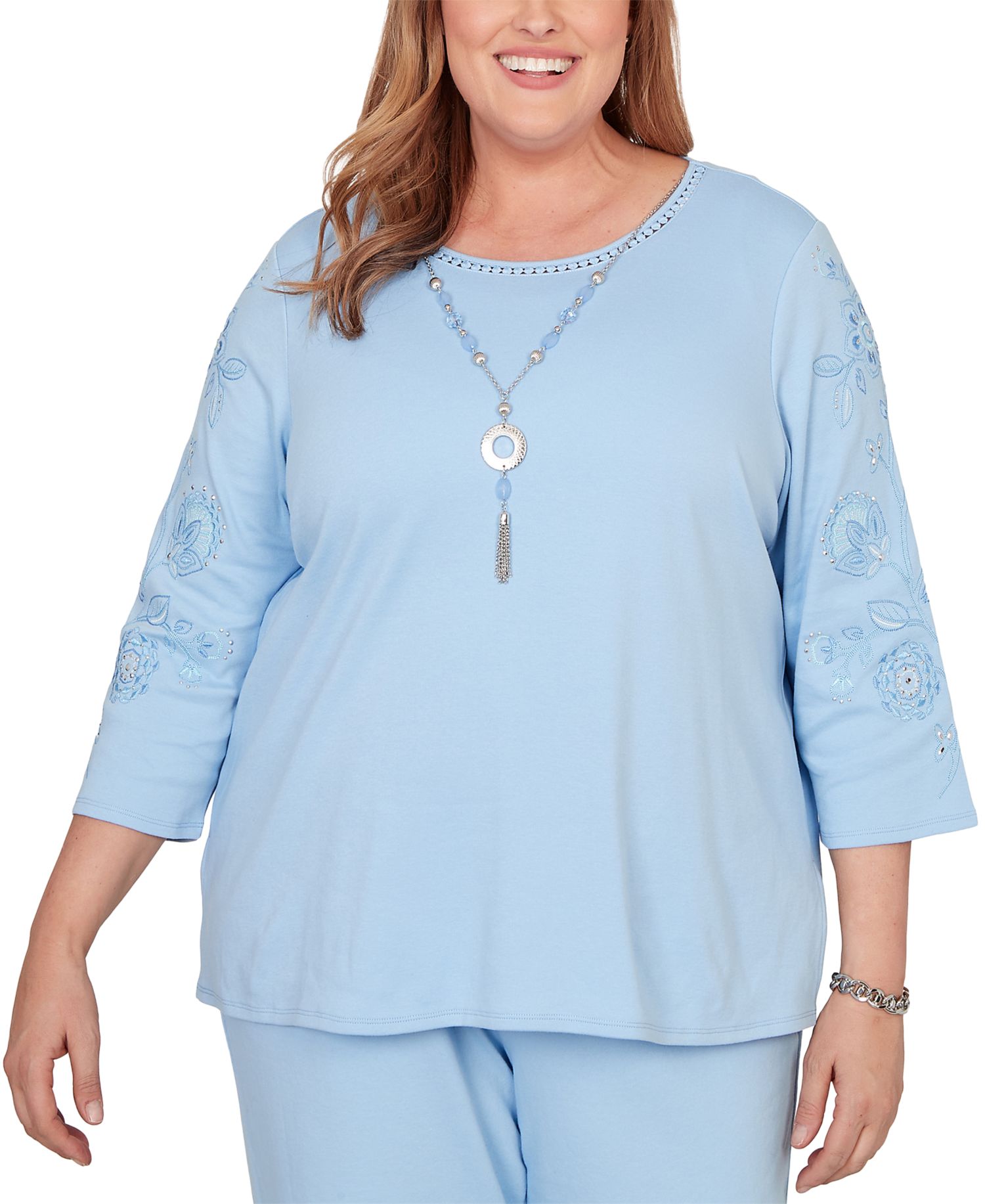 Plus Size Embroidered Floral-Sleeve Accent Top with Necklace