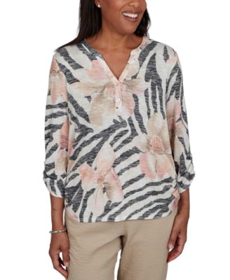 Petite Travel Advisory Animal-Floral Print 3/4-Sleeve Henley Top