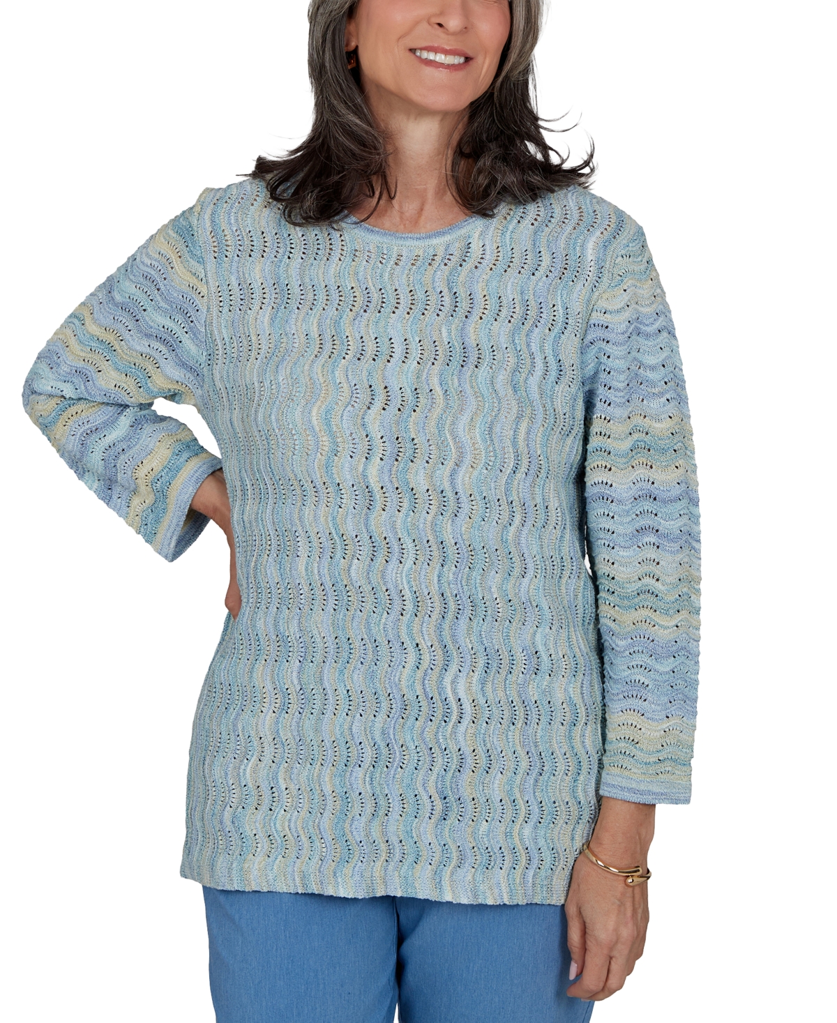 Alfred Dunner Women's Provence Scalloped Stripes Textured Sweater