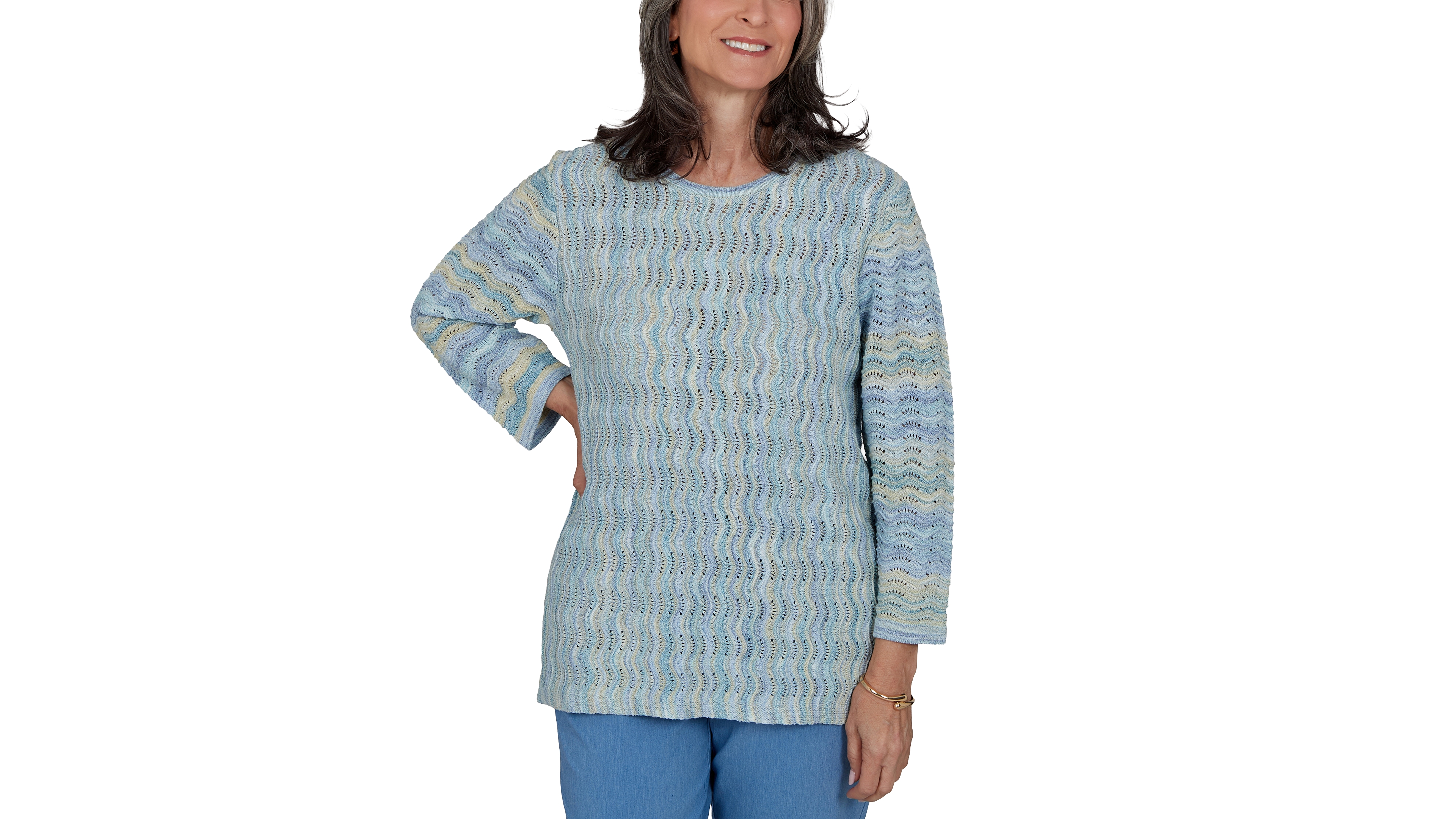 Alfred Dunner Women's Provence Scalloped Stripes Textured Sweater