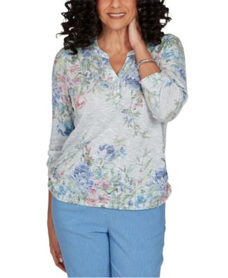 Petite Provence Floral-Print 3/4-Sleeve Henley Top