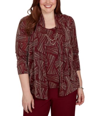 Petite Union Square Shimmer Abstract Two In One 3/4-Sleeve Top With Necklace