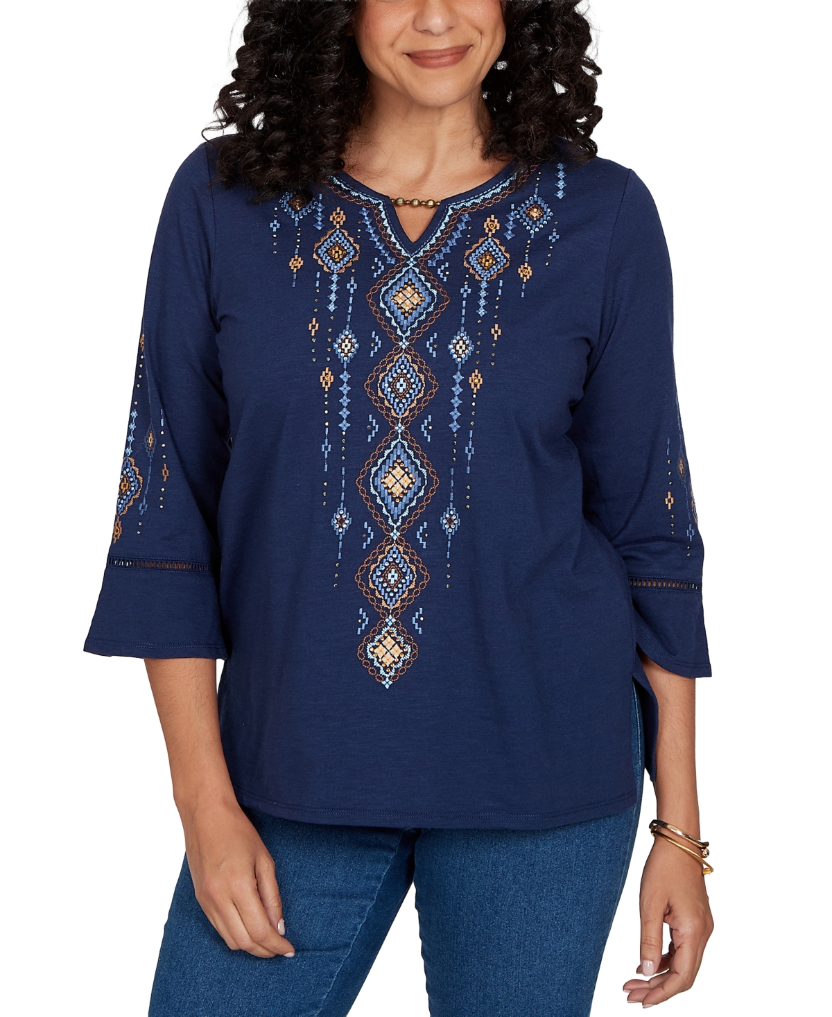 Alfred Dunner Women's Keyhole Neck 3/4-Sleeve Top