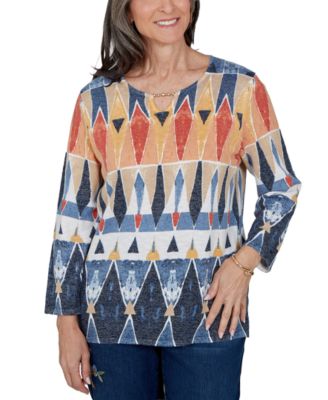 Women's Keyhole 3/4-Sleeve Geometric-Print Cotton-Blend Pullover