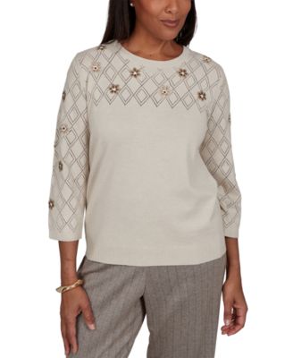 Women's 3/4-Sleeve Pointelle Diamond-Pattern Floral-Embellished Sweater