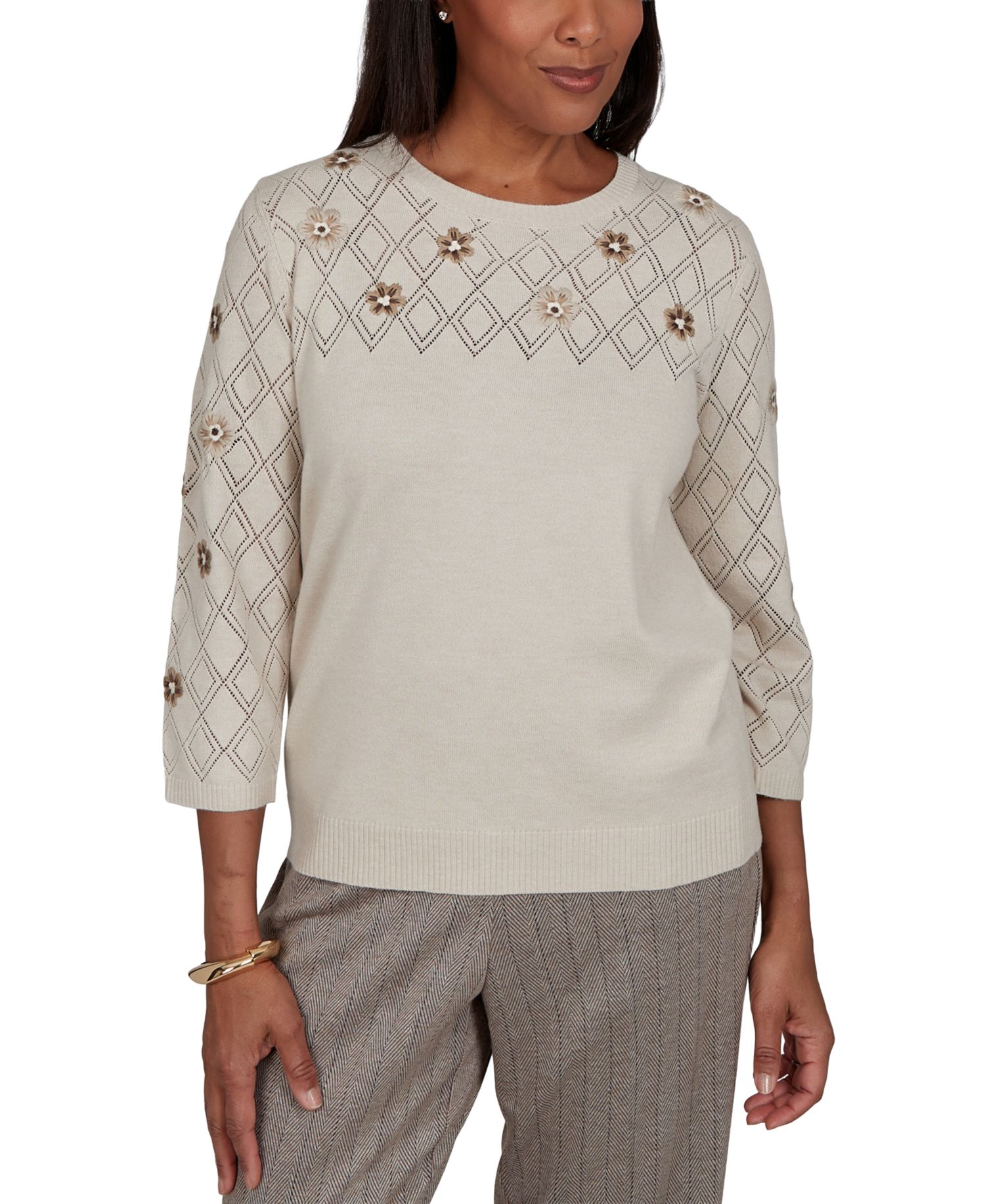 Women's 3/4-Sleeve Pointelle Diamond-Pattern Floral-Embellished Sweater