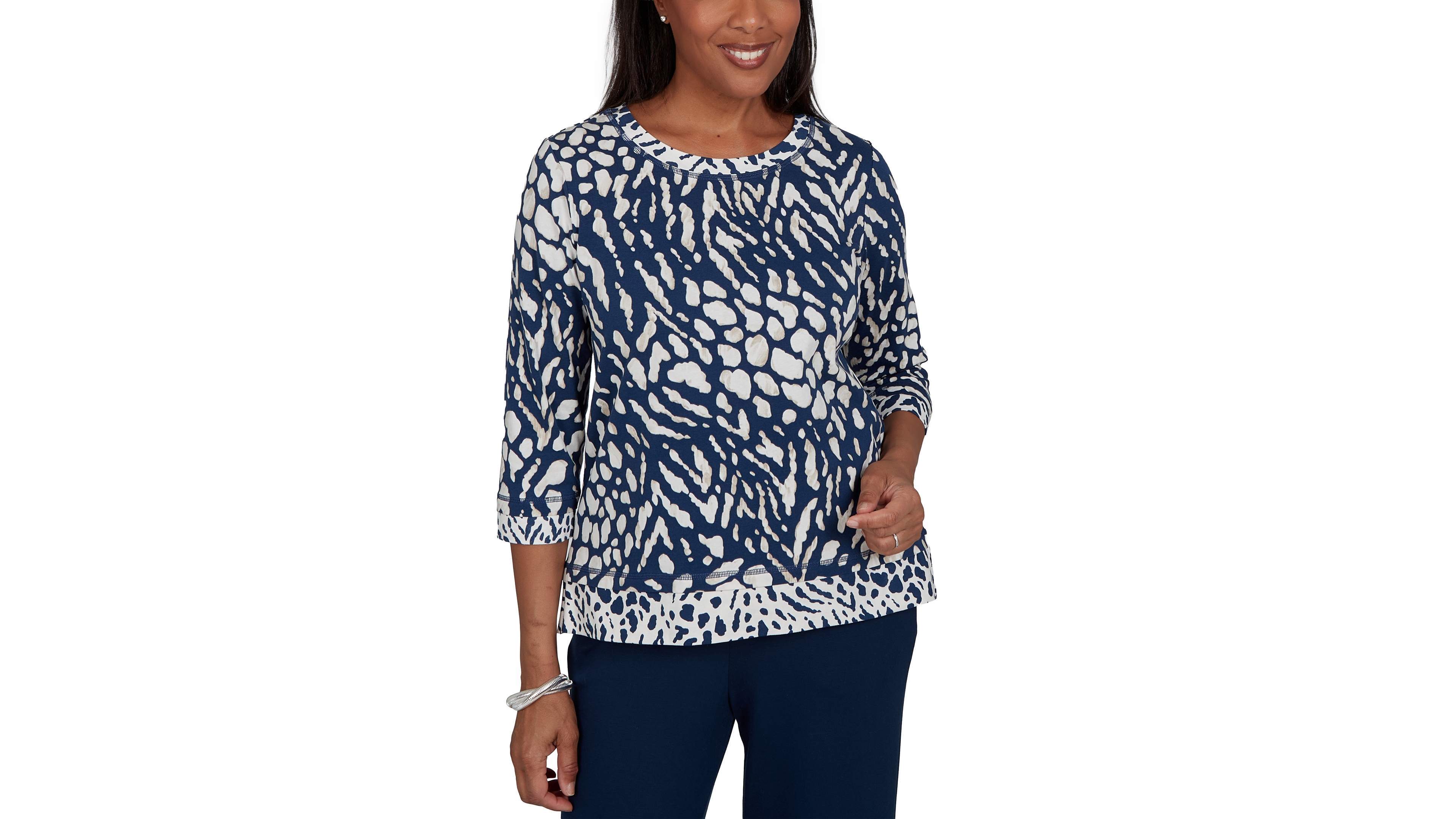 Alfred Dunner Petite Animal-Print Cotton-Blend 3/4-Sleeve T-Shirt