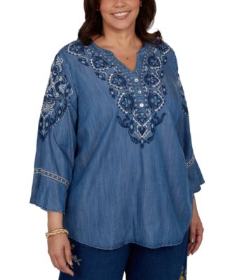 Plus Size Embroidered Henley Denim Blouse