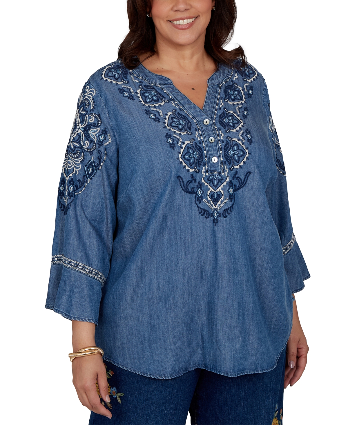 Alfred Dunner Plus Embroidered Henley Denim Blouse